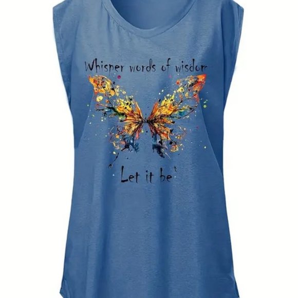 *REDUCED* Sleeveless T-shirt butterfly "Whisper Words of Wisdom, Let it Be" Blue - Picture 2 of 5